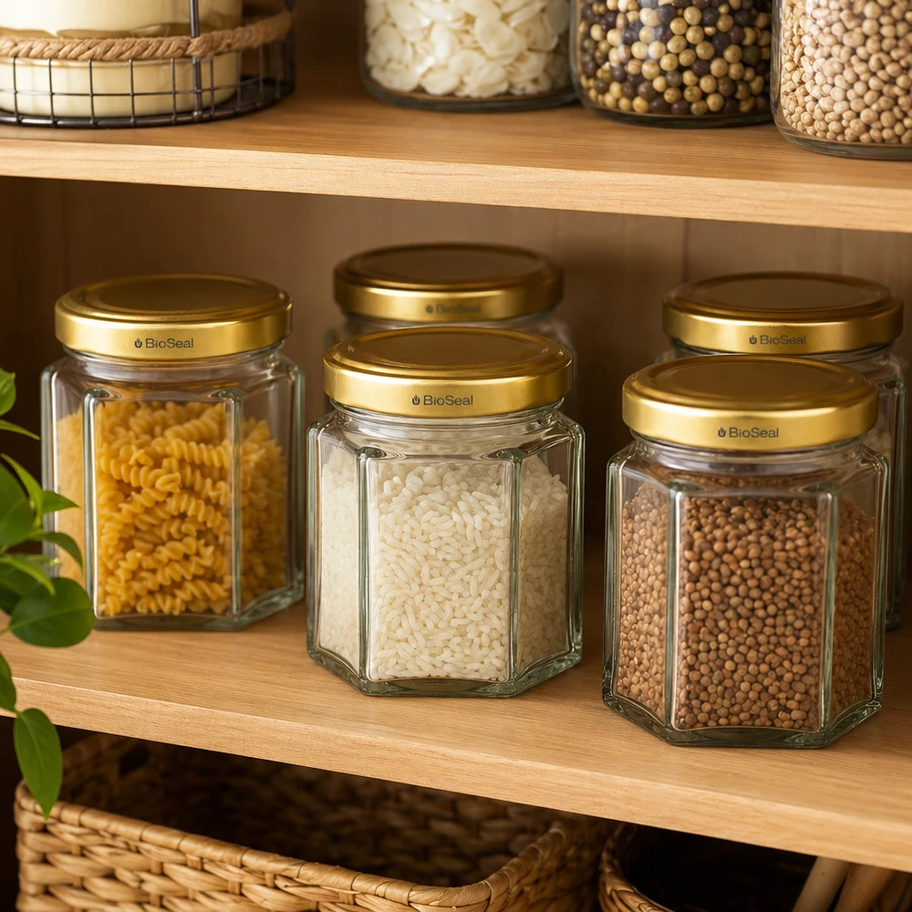 Honingpot 60 g met gouden BioSeal UNiTWIST-deksel BioSeal honingpotjes van 60 g met gouden deksels voor het bewaren van pasta, rijst en kruiden in de voorraadkast