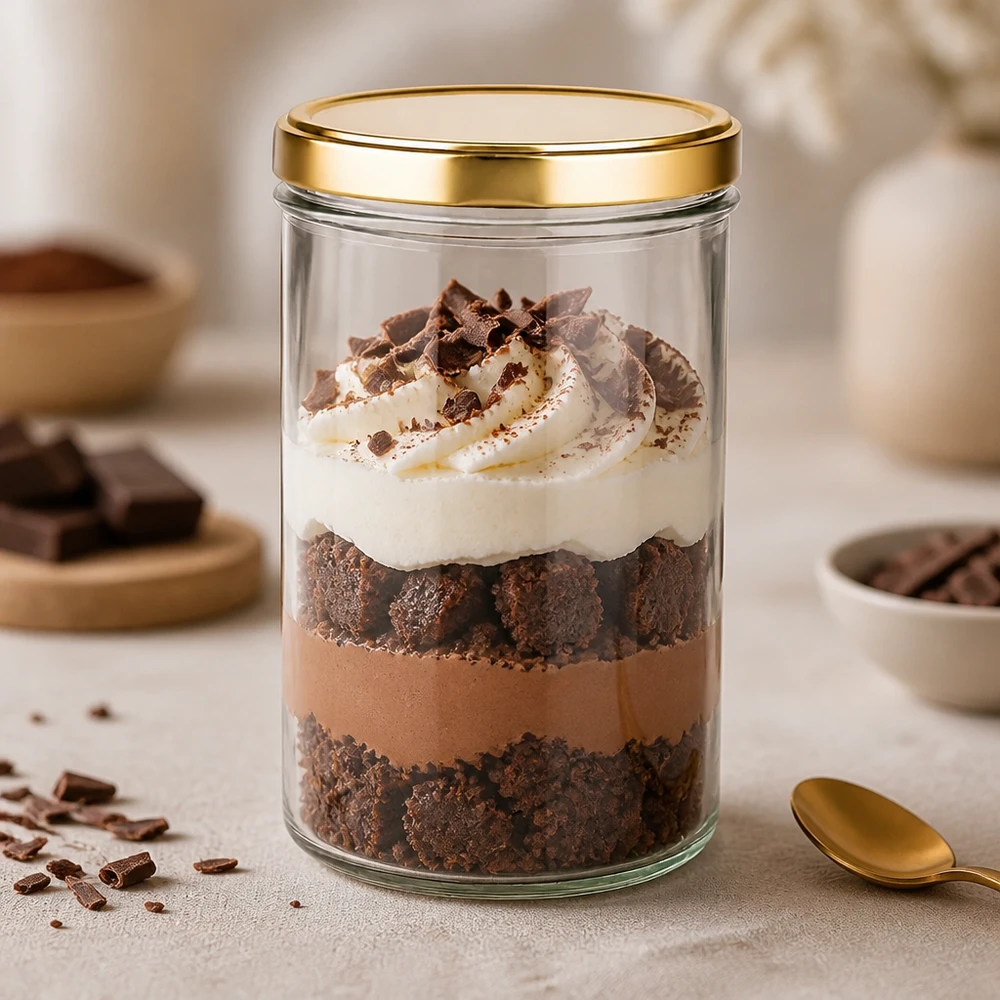 277 ml beker met gouden UNiTWIST deksel als dessertglas voor chocoladetiramisu met room en cacao
