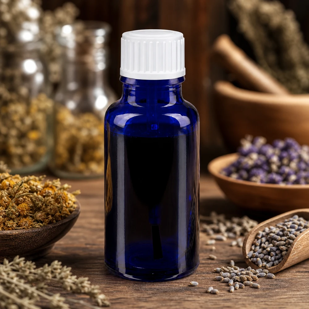 Lichtbeschermende fles, blauw, 20 ml, glas, met kruidendecoratie, voor etherische oliën en tincturen