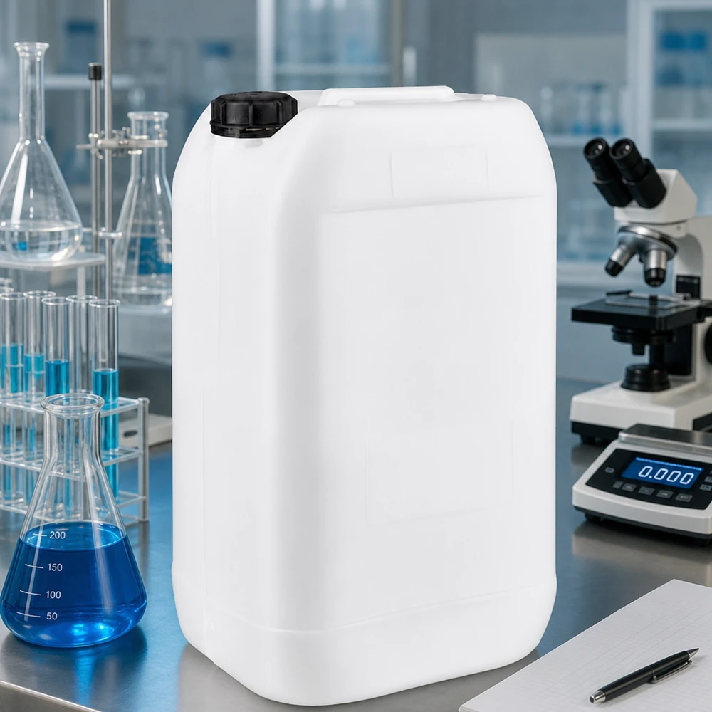 Stevige grote container van 15 liter voor zuren, logen en reinigingsmiddelen in een laboratoriumomgeving