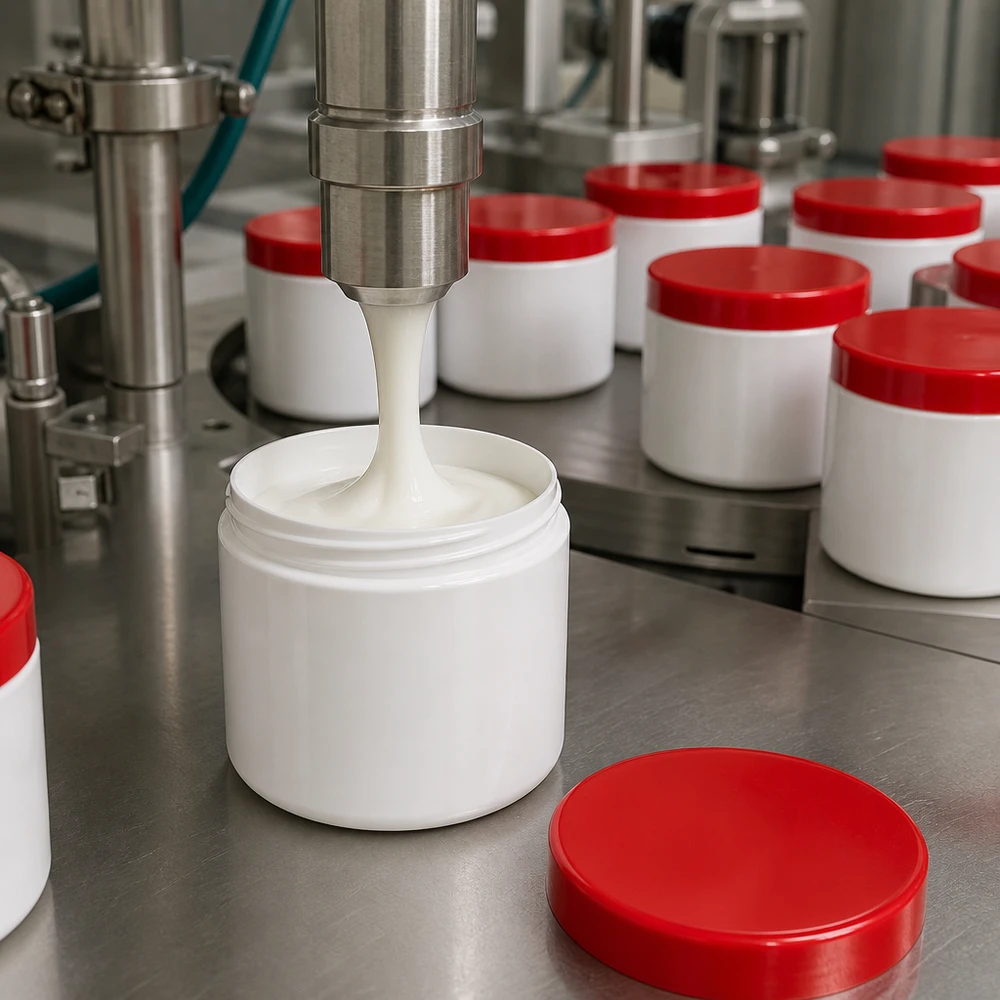 Zijkruik voor zalf 800 g PP wit-rood, massaproductie, vulling met cosmetische crème