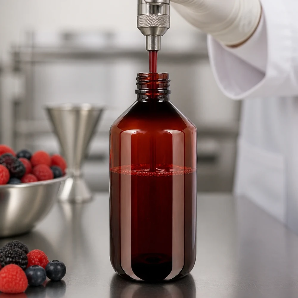 PET fles 500ml met bruine dop standaard PET Vorratsflasche 500ml mit braunem Schraubdeckel und rotem Beerensaft befüllt