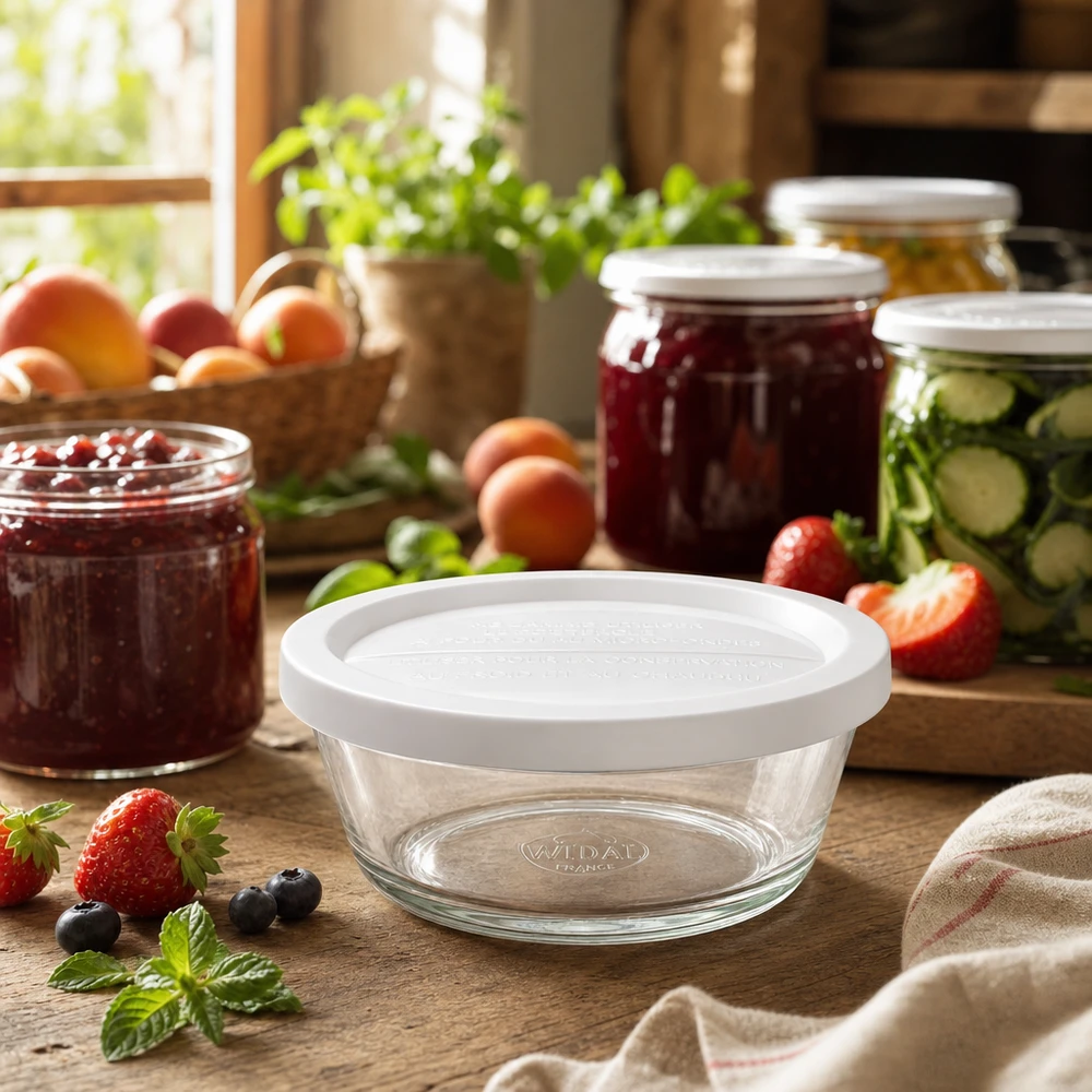 300ml gourmetglas met vershouddeksel WECK RR120 WECK Gourmetglas RR120 in gemütlicher Küche mit Einmachgläsern und frischen Früchten für moderne Vorratshaltung