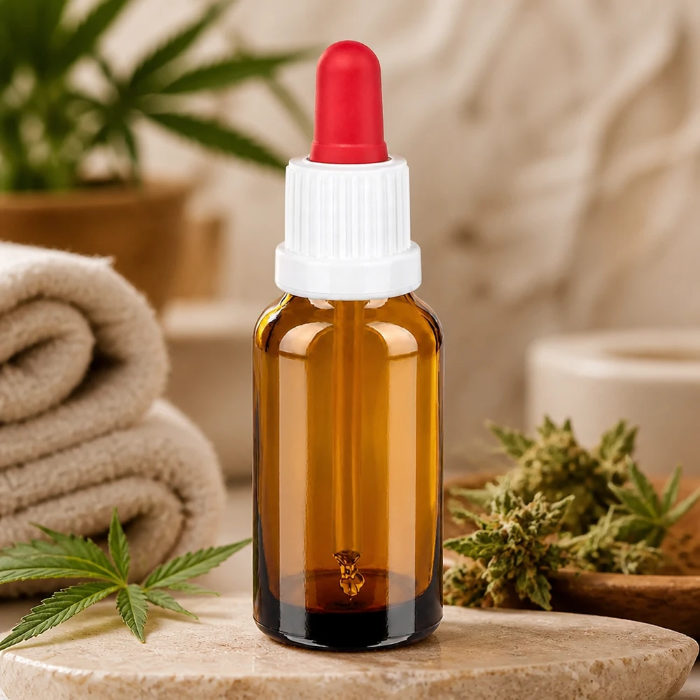 Aromatherapieflesje 20ml van UV-beschermend amberkleurig glas met rode pipet voor nauwkeurige dosering