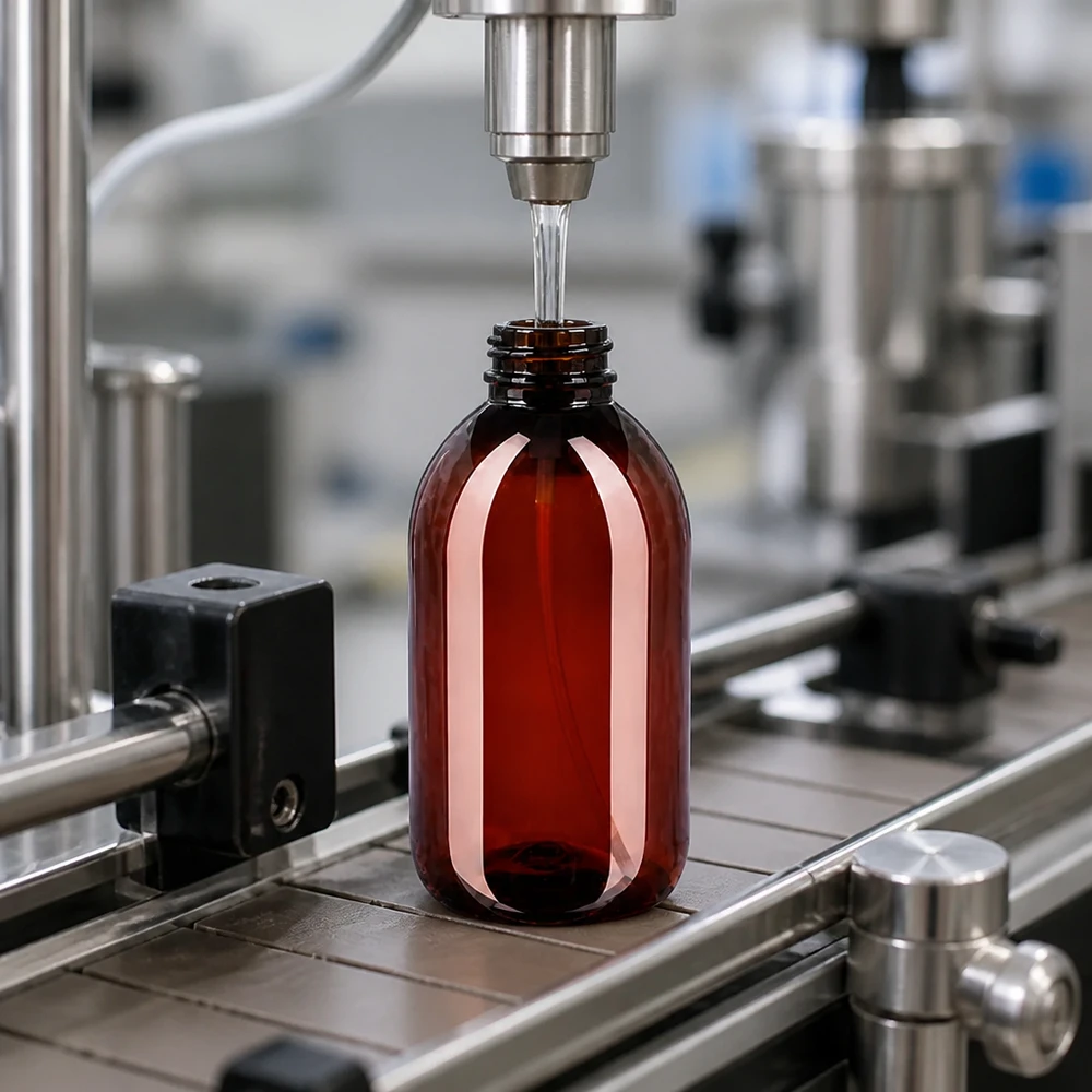 Qualitätskontrolle bei der Abfüllung von 250ml PET Flaschen bernsteinfarben im Reinraum