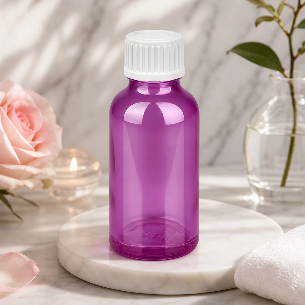 Stijlvolle paarse druppelflacon 30ml perfect voor wellness en spabehandelingen
