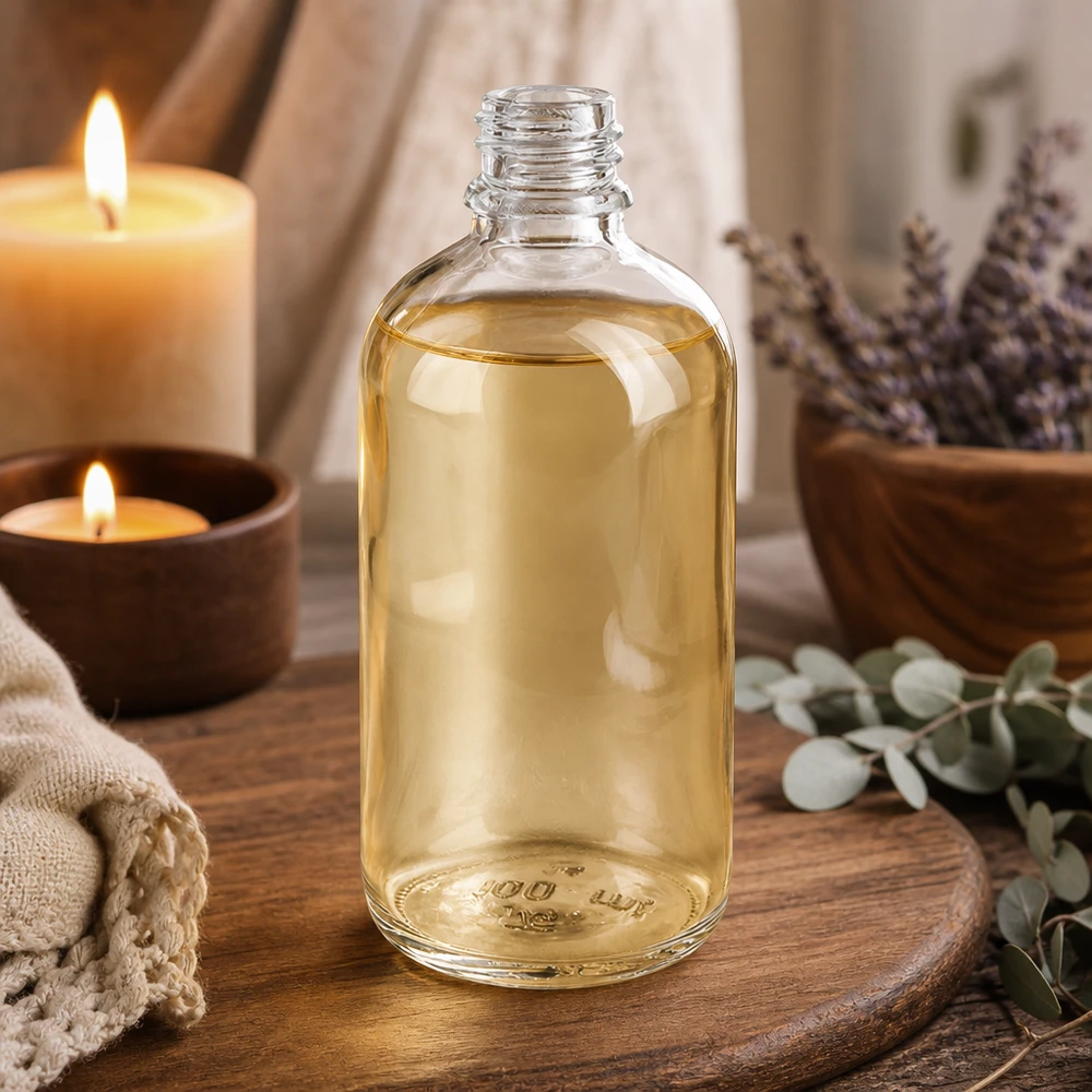 Doorzichtige glazen fles van 100 ml, ClearLine DIN18, met lichte olie op een houten plank naast lavendel en kaarsen