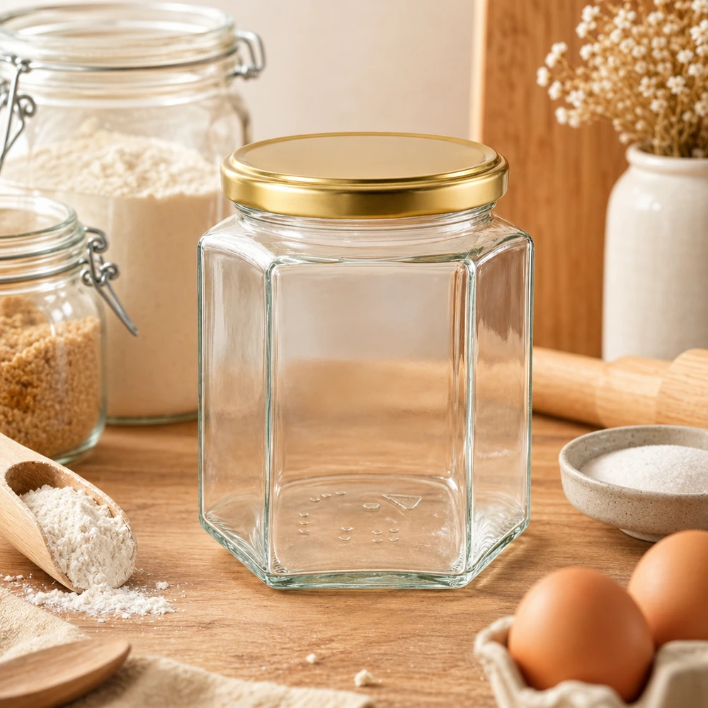 Leeres 500g Honigglas BasicSeal UT sechseckig mit goldenem Deckel in gemütlicher Küchenumgebung Mehl Eier Holz