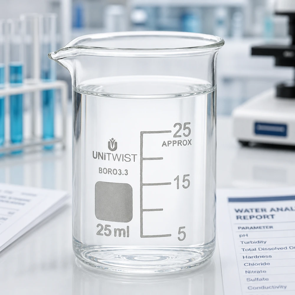 Becherglas 25 ml, laag model, borosilicaatglas, voor wateranalyse: pH, troebelheid, hardheid, nitraat, sulfaat