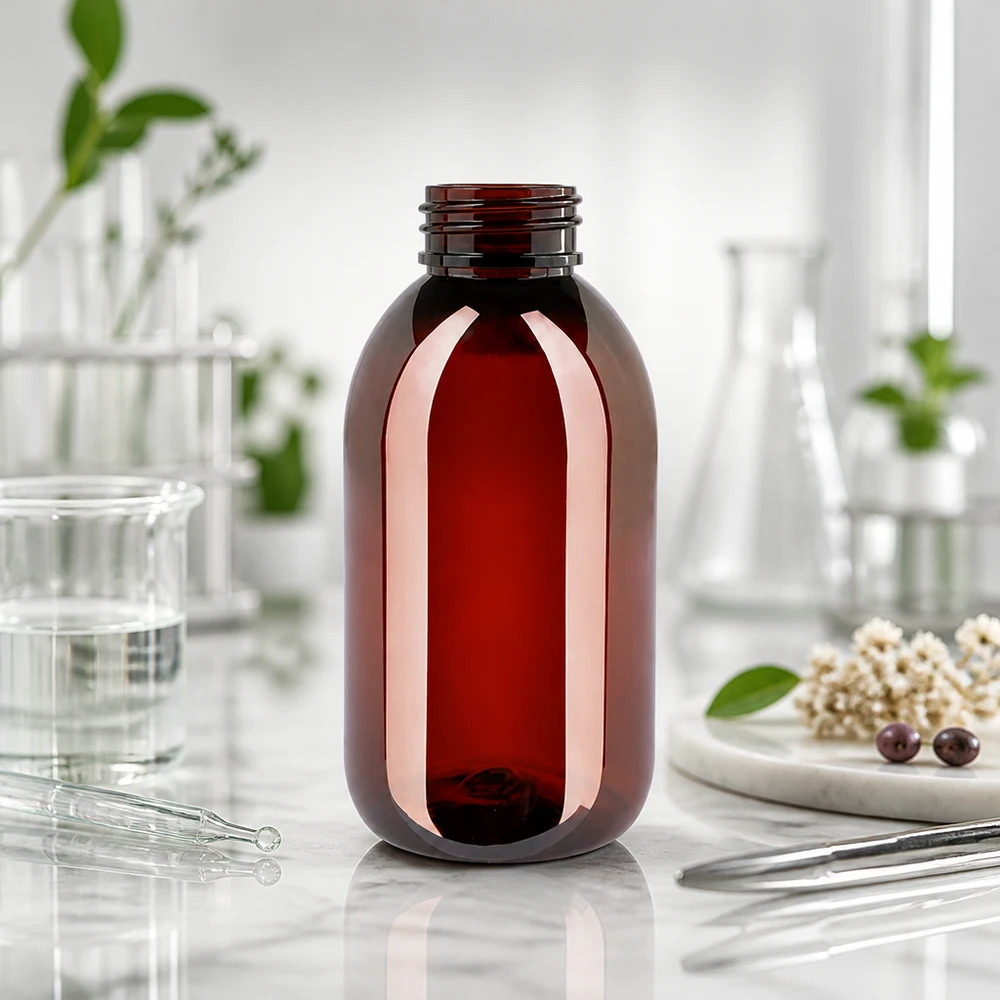 PET fles 250ml met witte verzegelstop, geribbeld Doorzichtige bruine plastic fles van 250 ml met kindveilige geribbelde dop