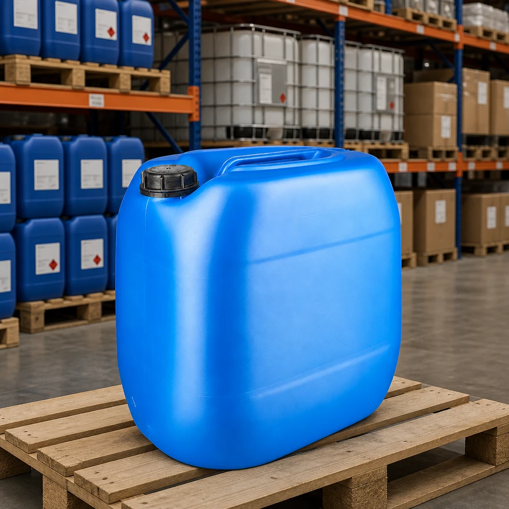 Canister 30 liter blauw met schroefdop OV Rechthoekige opslagkanister van 30 liter, blauw, met OV-deksel, omringd door IBC-containers in het grootmagazijn