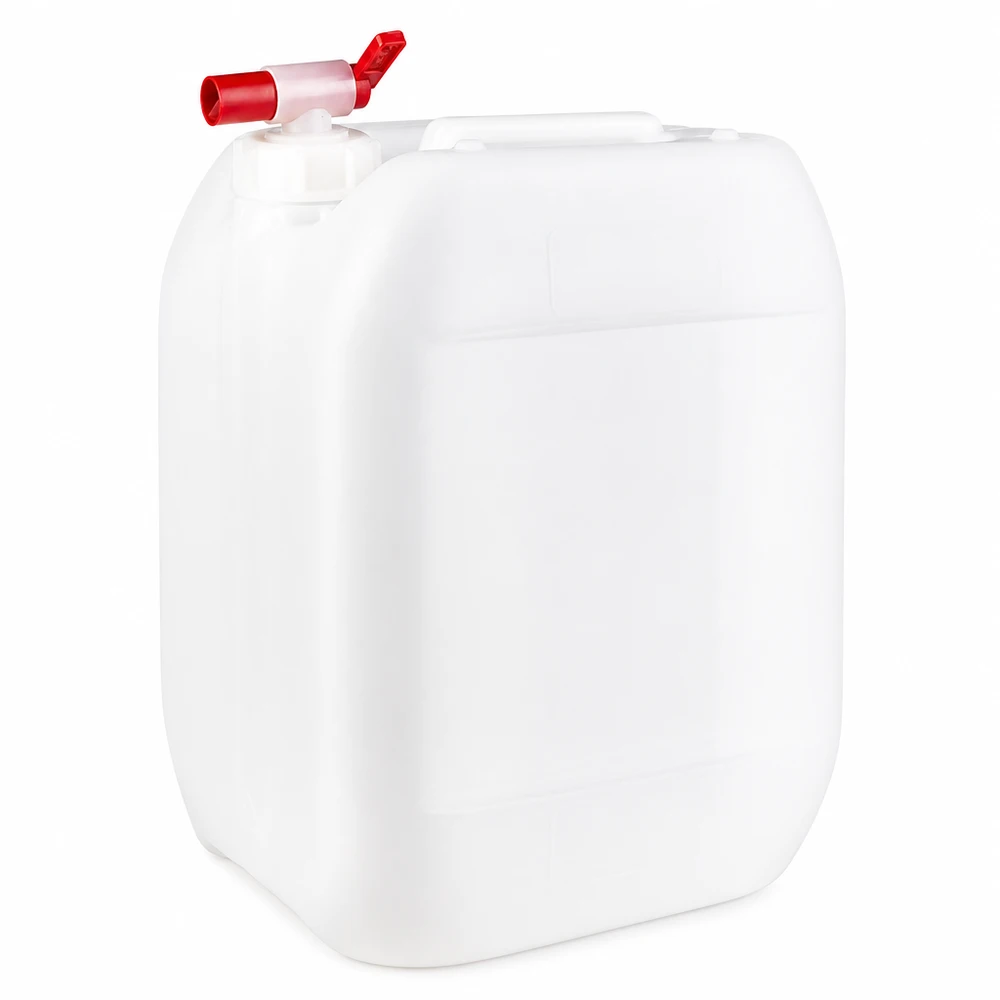 Stevige kunststof jerrycan van 10 liter met handvat en een rode uitloopklep aan de bovenkant