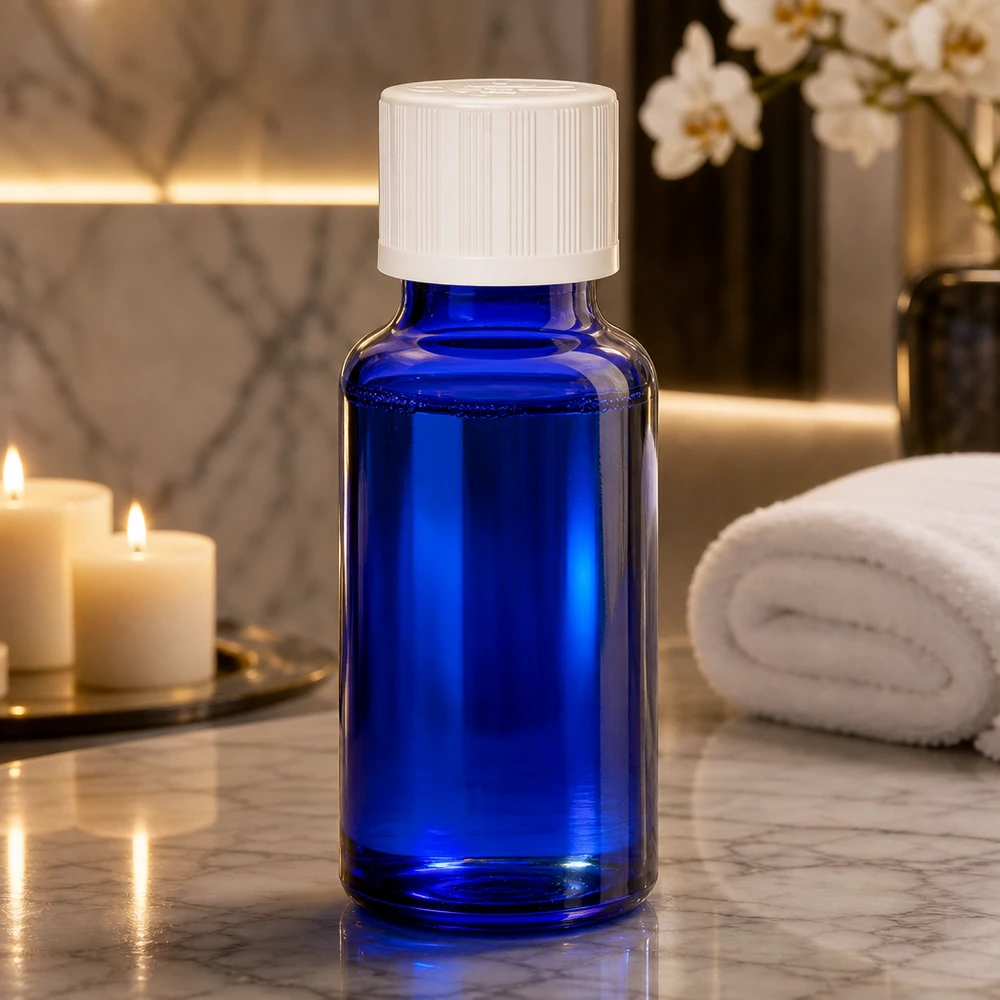 Slanke blauwe Apo-fles van 20 ml, standaarduitvoering met witte kindveilige schroefdop