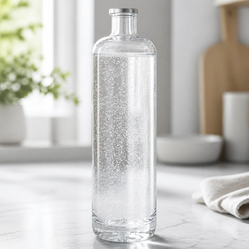 700 ml glazen fles Ella gevuld met bruisend mineraalwater op een lichtgekleurd keukenblad in een moderne omgeving