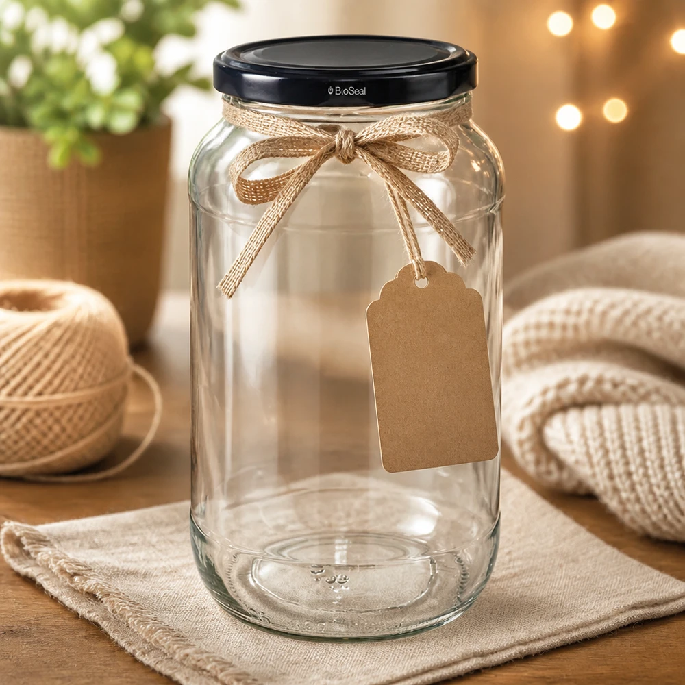 1062ml rond glas met BioSeal deksel zwart UNiTWIST UNiTWIST ronde pot 1062 met zwart TO82 BioSeal deksel versierd met jutelint en cadeaulabel Knutselwerkje