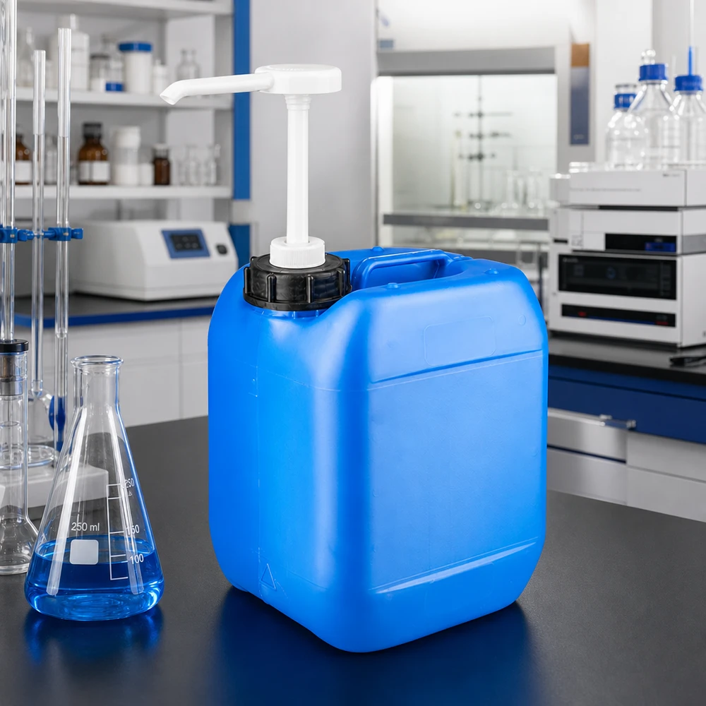 Draagbare blauwe chemicaliënkanister van 5 liter met handpomp voor nauwkeurige vloeistofdosering in het laboratorium