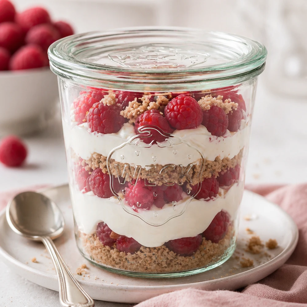 WECK bekers 580ml RR100 als dessertpot met frambozen laagjes dessert en crumble decoratief gerangschikt