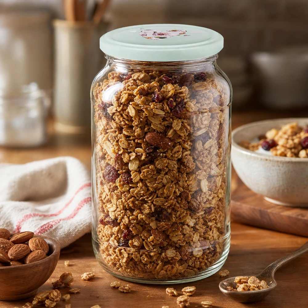 Zelfgemaakte muesli met noten in een ronde pot van 1062 ml met een mintgroen hartjesdeksel om gezond ontbijt in te bewaren