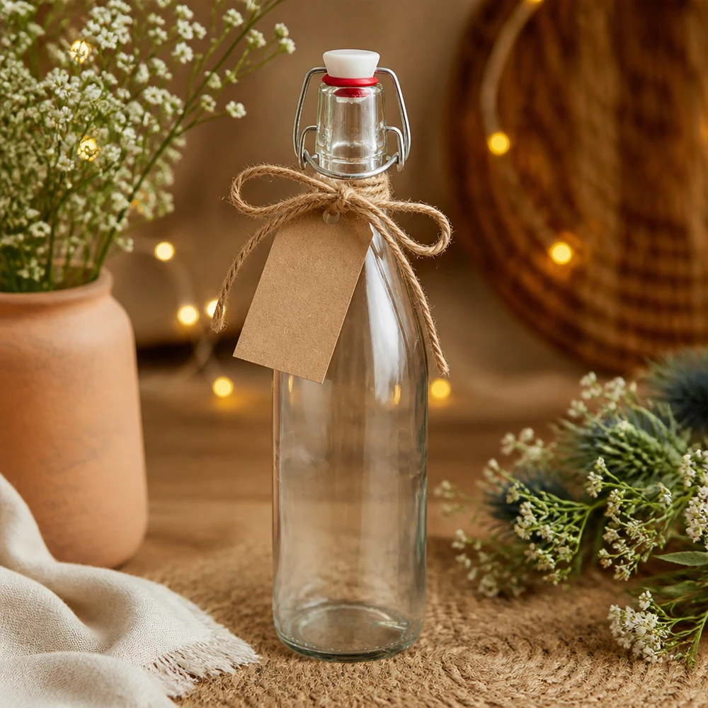 Glazen fles 500ml met draaidop porselein als cadeau versierd met kraftpapier label en jute koord