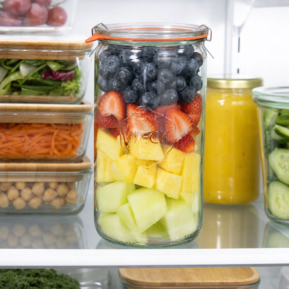 1590ml cilinderglas compleet WECK RR100 WECK cilinder pot 1590ml RR100 in de koelkast met fruitsalade bosbessen aardbeien ananas meloen Meal Prep