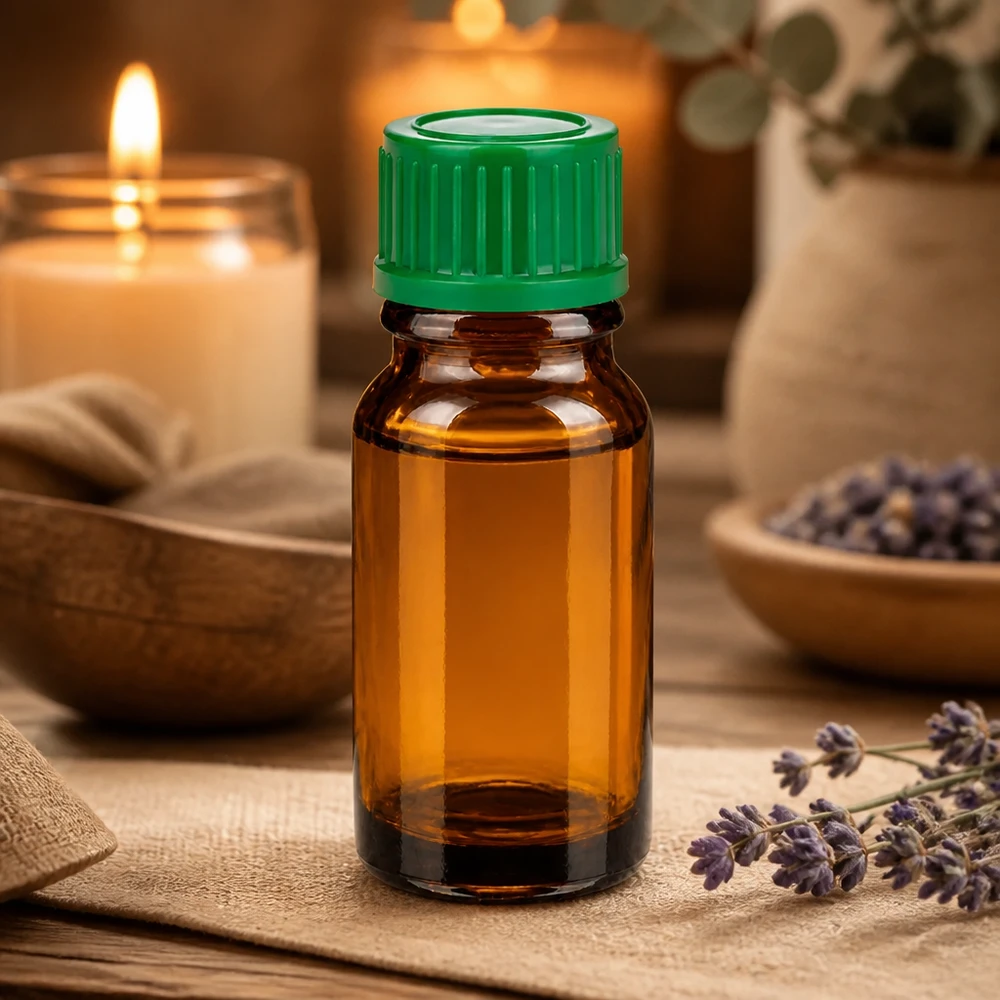 Elegant glazen flesje van 10 ml in amberbruin met groene dop voor een stijlvolle presentatie