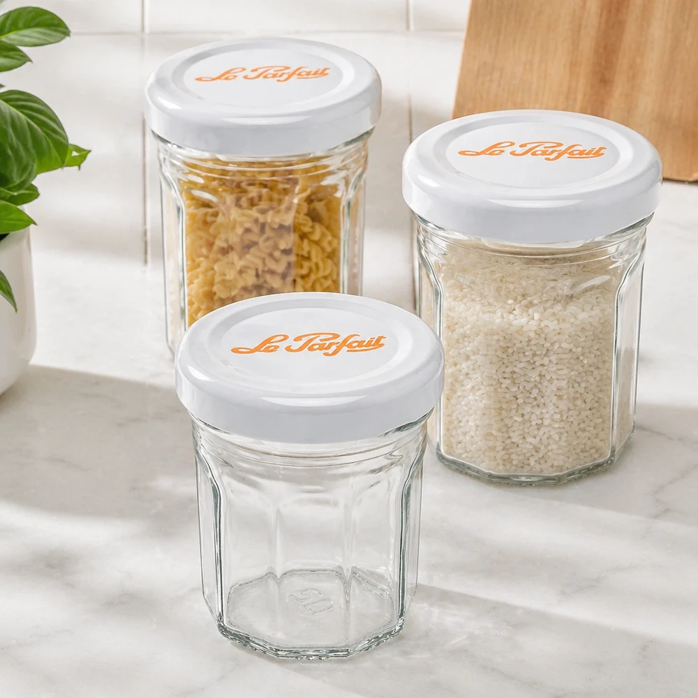 Le Parfait minitumblers 44 ml set met witte deksels - één leeg, twee gevuld met rijst en pasta