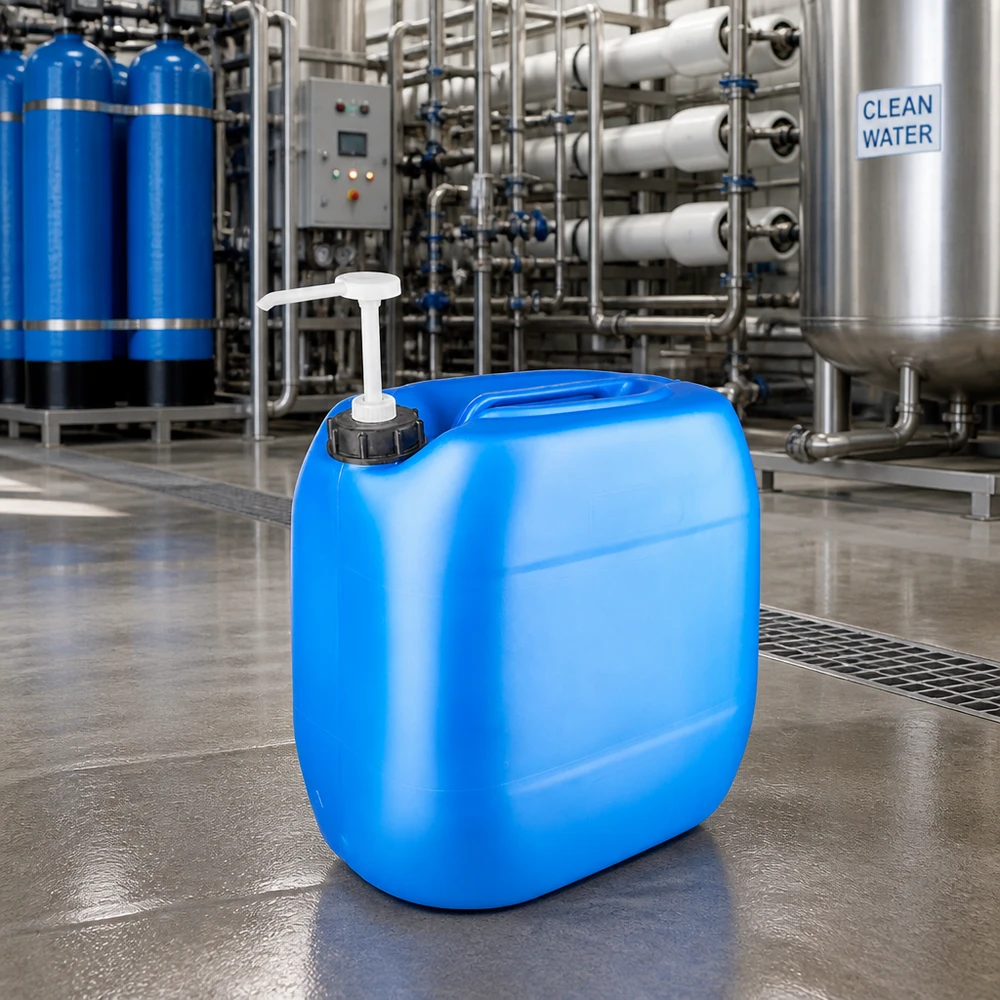 Stevige voorraadbak van 30 liter in blauw met witte pomp voor roestvrijstalen filtersysteem