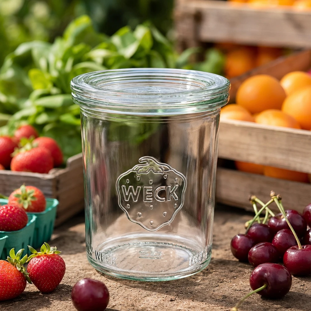 WECK RR60 160ml mason jar leeg op houten tafel met verse kersen, aardbeien en sinaasappels om in te leggen