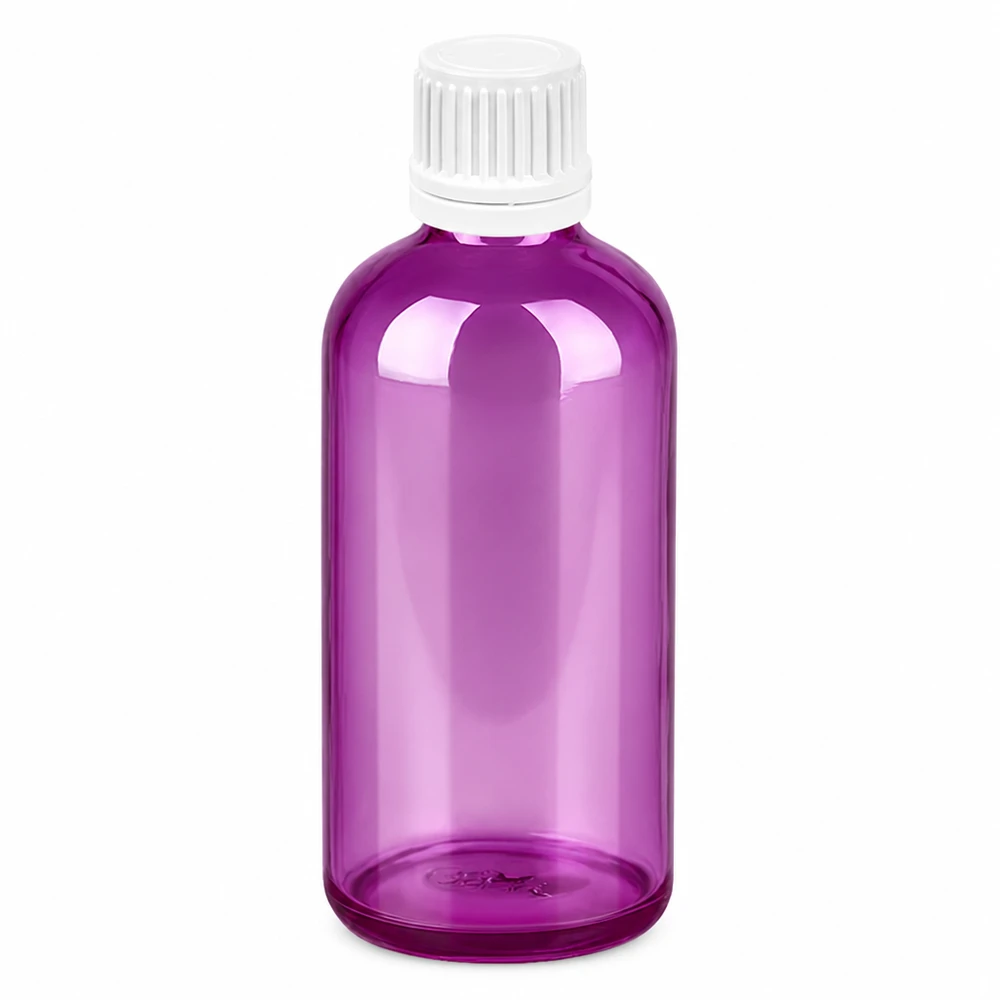 Paarse glazen fles 100 milliliter inhoud met witte schroefdop voor doe-het-zelf cosmetica