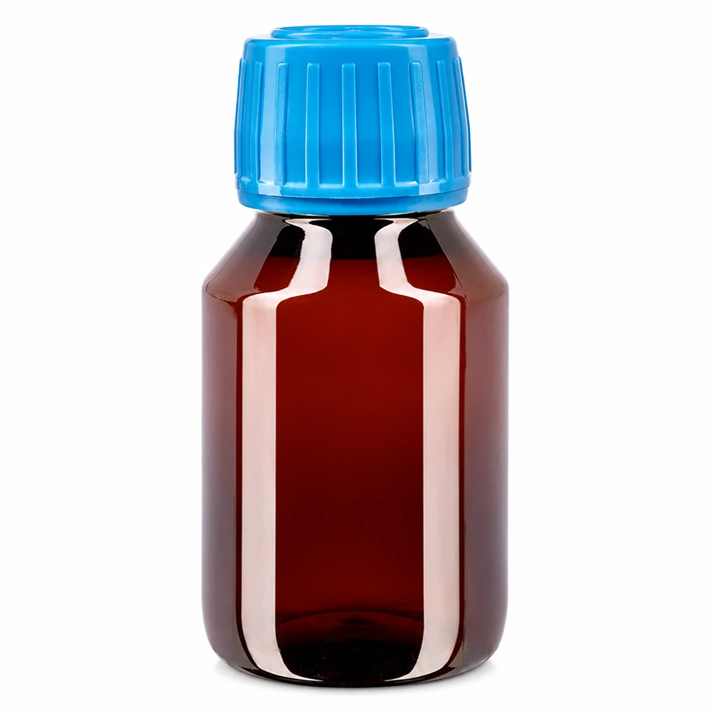 50 ml PET medicijnfles met verstuiver zwart GCMI 28/410 incl. dop transparant, standaard Compacte bruine plastic fles van 50 ml met een geribbelde blauwe veiligheidsdop