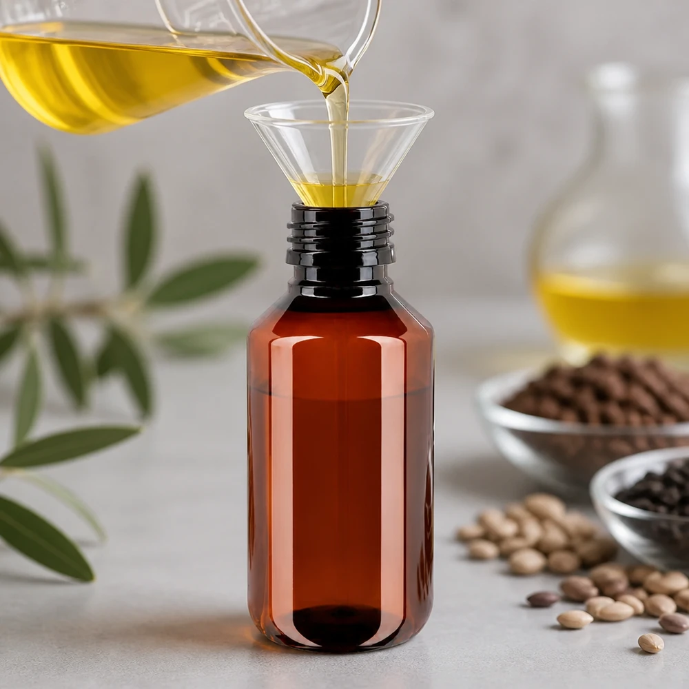 PET fles 100ml PP28 zonder dop Ronde PET-fles van 100 ml, amberkleurig, zonder dop, met een smalle PP28-hals om te vullen