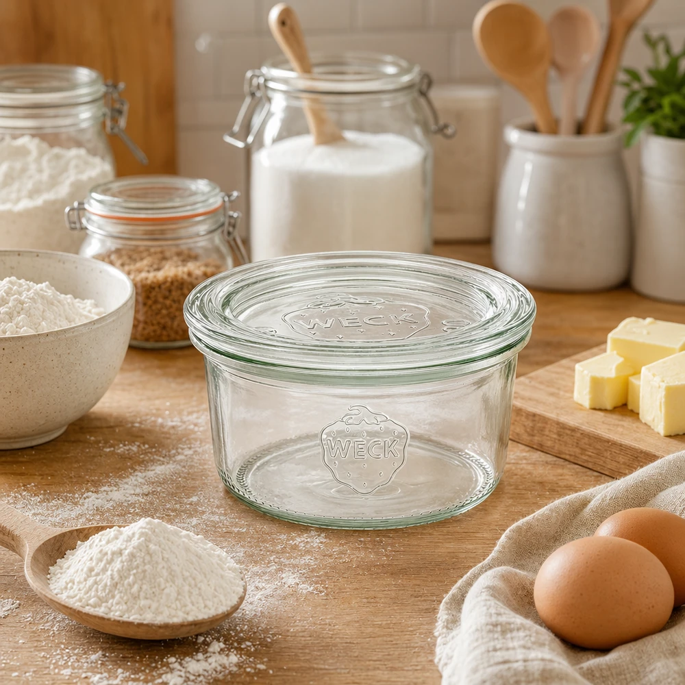 WECK 165ml RR80 glazen pot leeg op houten plank omringd door bakingrediënten zoals bloem eieren boter in keuken