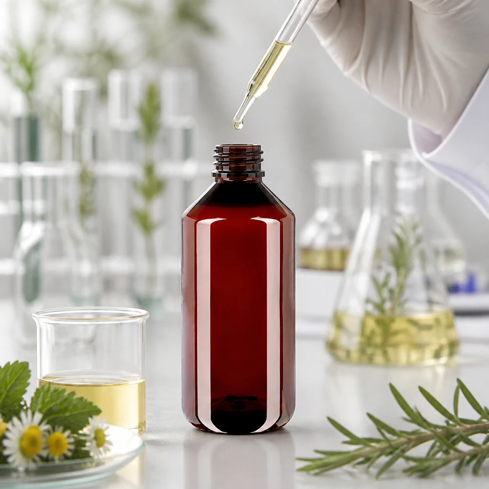 50 ml PET medicijnfles met verstuiver zwart GCMI 28/410 incl. dop transparant, standaard Apothekersfles van PET, 1 liter, bruin, met groene buitenverpakking en pipetvulling