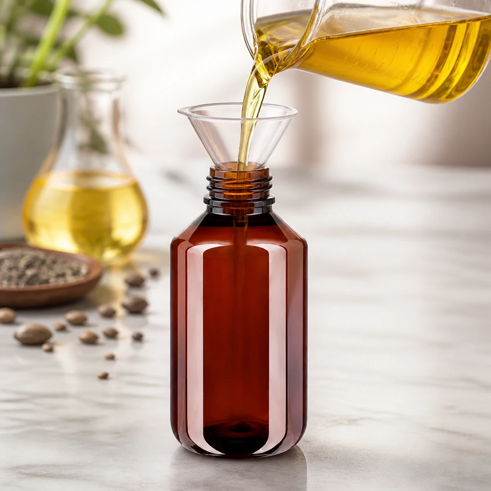 50 ml PET medicijnfles met verstuiver zwart GCMI 28/410 incl. dop transparant, standaard Braune 100ml PET Flasche mit Originalverschluss neben Glaskolben und Hanfsamen
