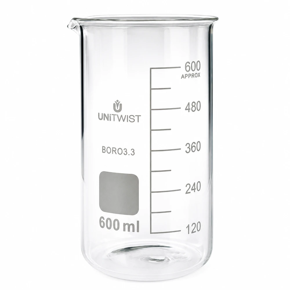 Doorzichtig bekerglas 600 ml, borosilicaat, hoge vorm met wit opschriftveld en schaalverdeling UNITWIST