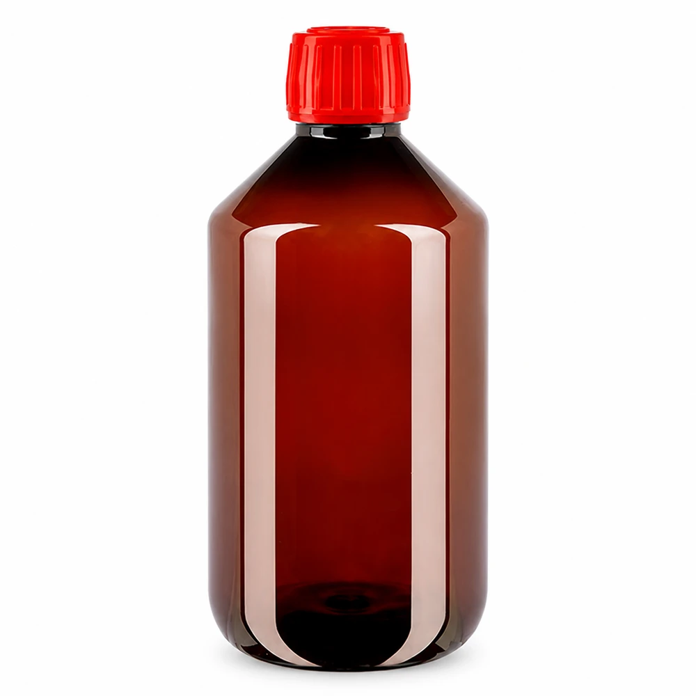 50 ml PET medicijnfles met verstuiver zwart GCMI 28/410 incl. dop transparant, standaard Lege PET-voorraadfles van 500 ml met originele dop in rood, ideaal voor vloeistoffen