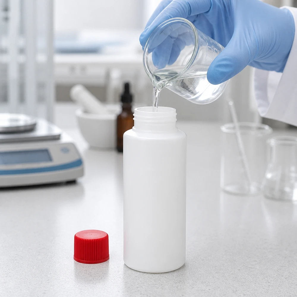 PET cilinderfles 30ml wit met schroefsluiting rood Het vullen van een wit HDPE-farmaceutisch flesje van 30 ml met een transparante oplossing in een cleanroomlaboratorium