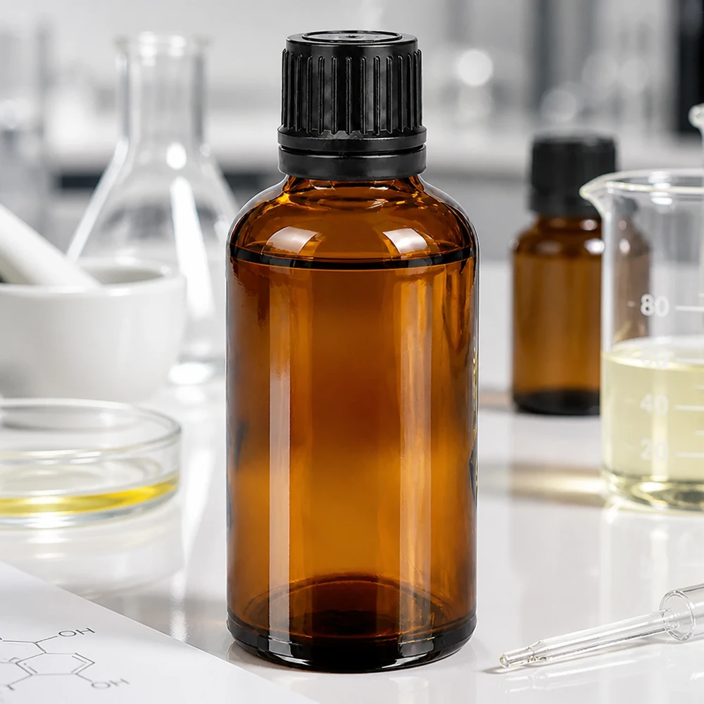 Amberglazen laboratoriumflesje van 50 ml met UV-bescherming en zwarte dop voor veilig opbergen