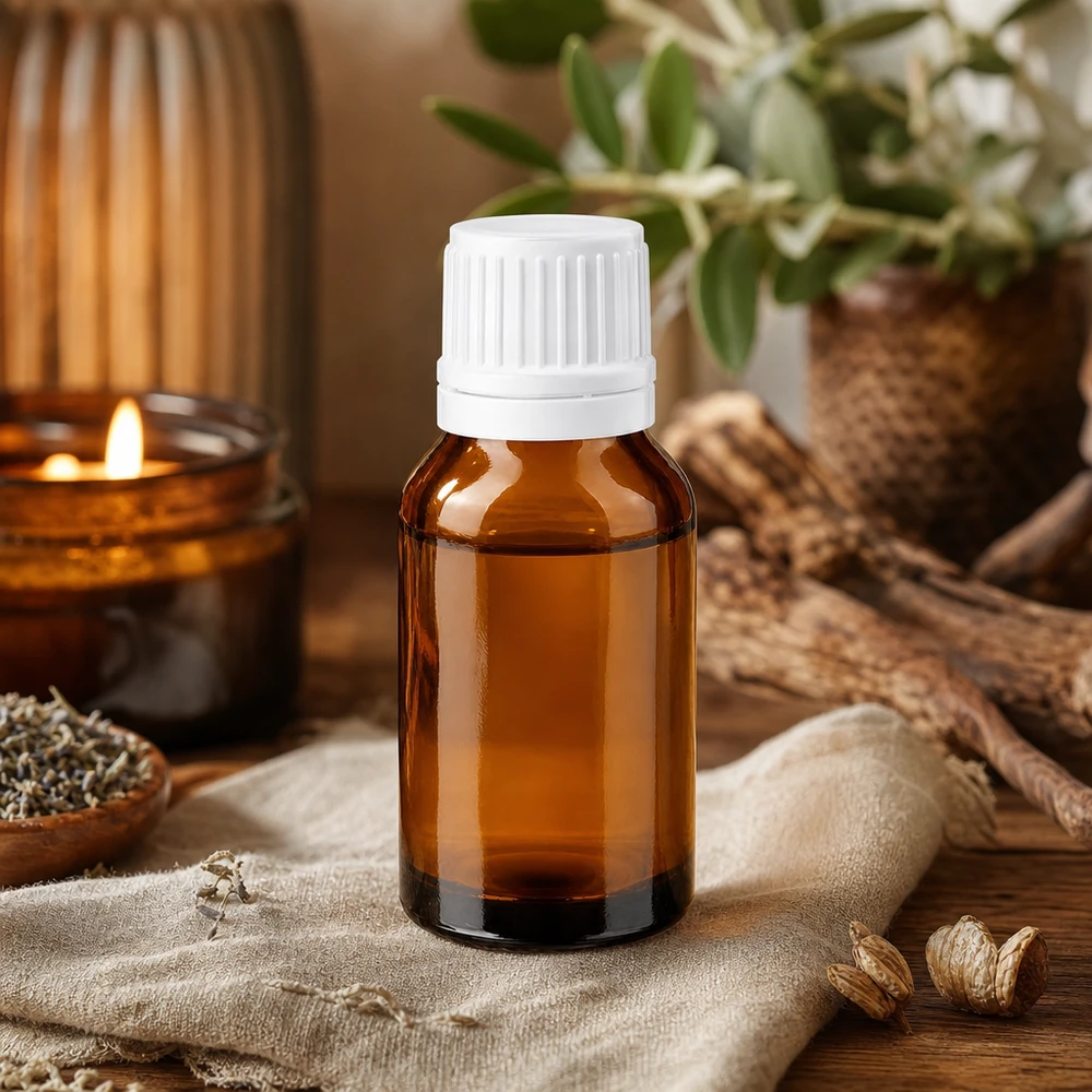 Bruine glazen fles 30ml met wit schroefsluiting VR Bruin farmaceutisch flesje van 30 ml met witte OV-sluiting in een natuurlijke aromatherapie-omgeving