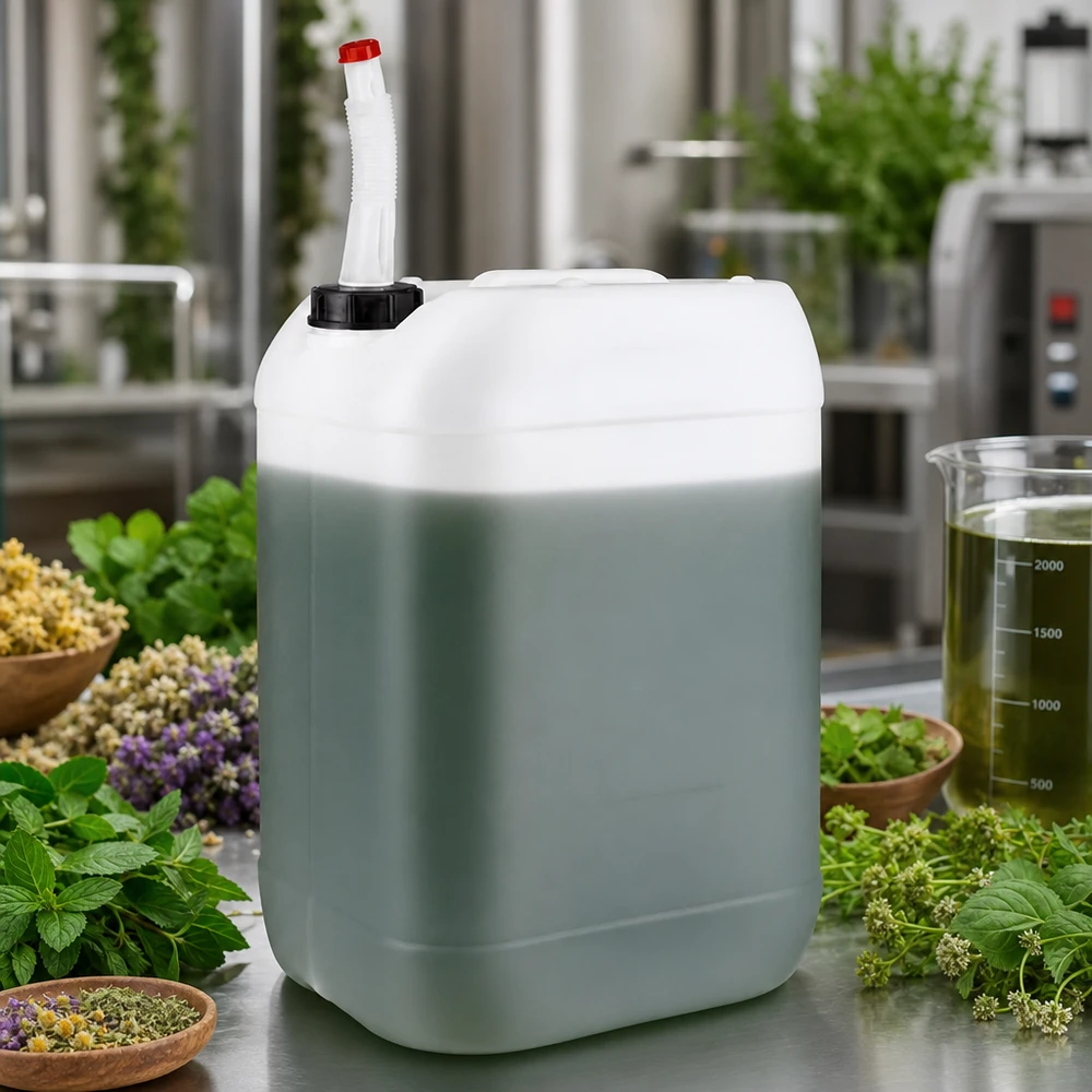 Gevulde HDPE-kan van 25 liter met uitloopbuis naast een bekerglas met groen plantenextract