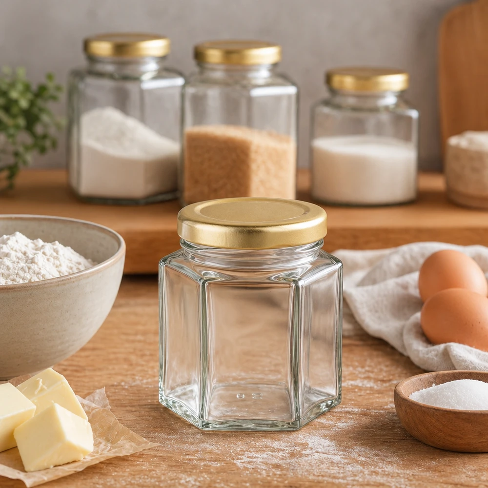 60g honingpot zeshoekig leeg in keukenscène met bakingrediënten bloem eieren boter en voorraadpotten