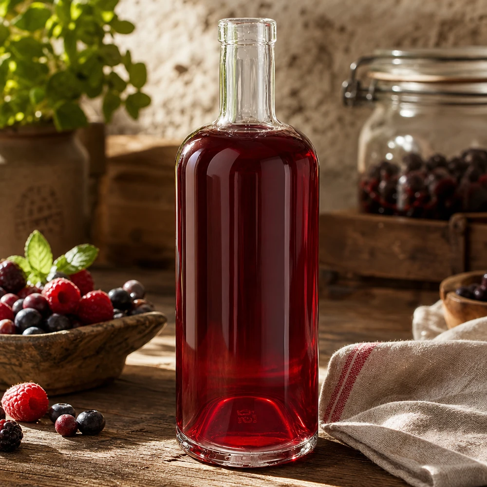 750 ml glazen fles Emma gevuld met rode bessensap omringd door verse bessen en rustieke keukendecoratie