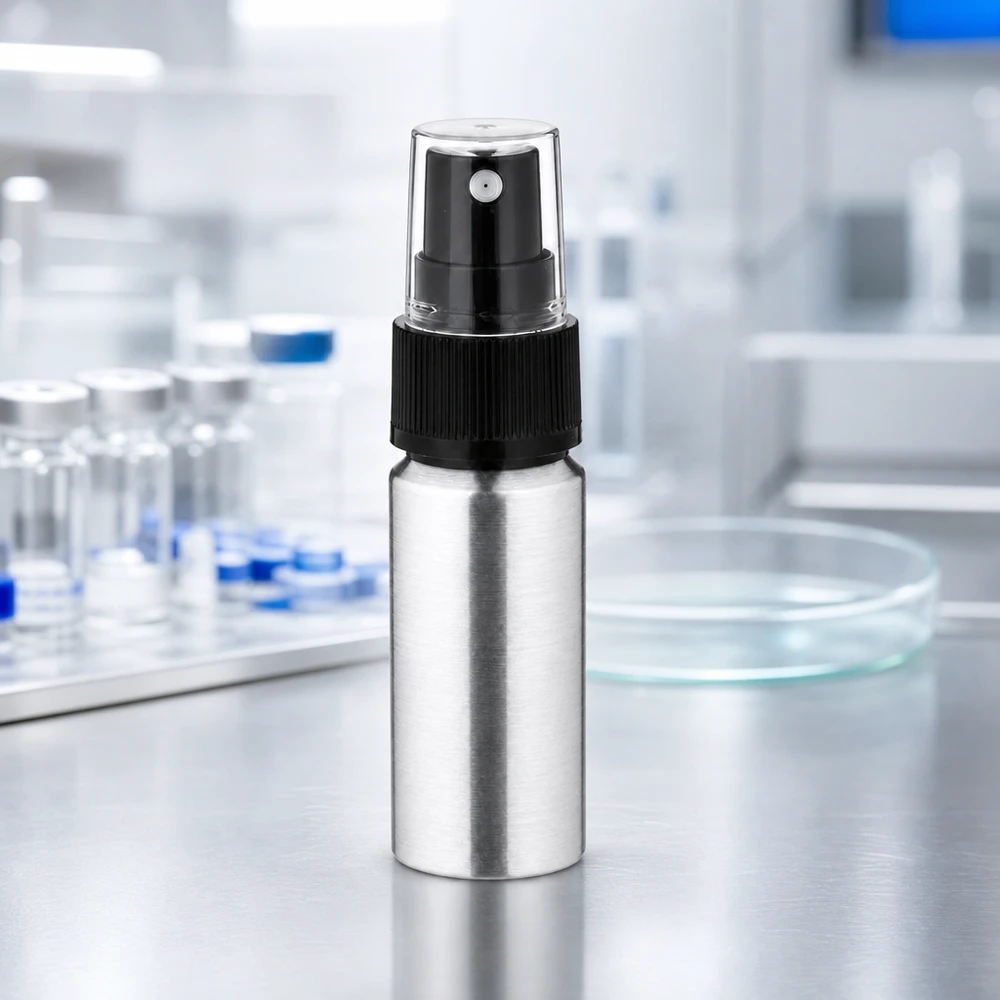20 ml aluminium fles gebeitst incl. pompverstuiver zwart Reflecterende 20ml aluminium fles met verstuiver beschermt lichtgevoelige inhoud tegen UV-straling