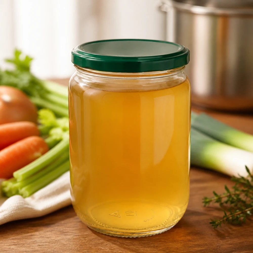 555 ml rond glas + BasicSeal-deksel groen UNiTWIST UNiTWIST ronde glazen pot 555 ml met groene deksel BasicSeal, ideaal voor het inmaken van groentebouillon en fond