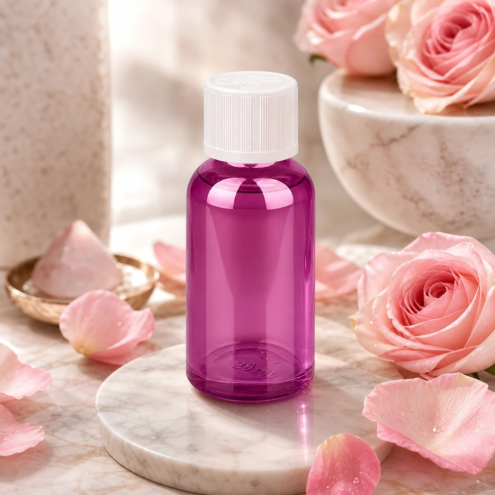 Klein paars glazen flesje 30ml perfect voor reisporties en DIY cosmetica maken