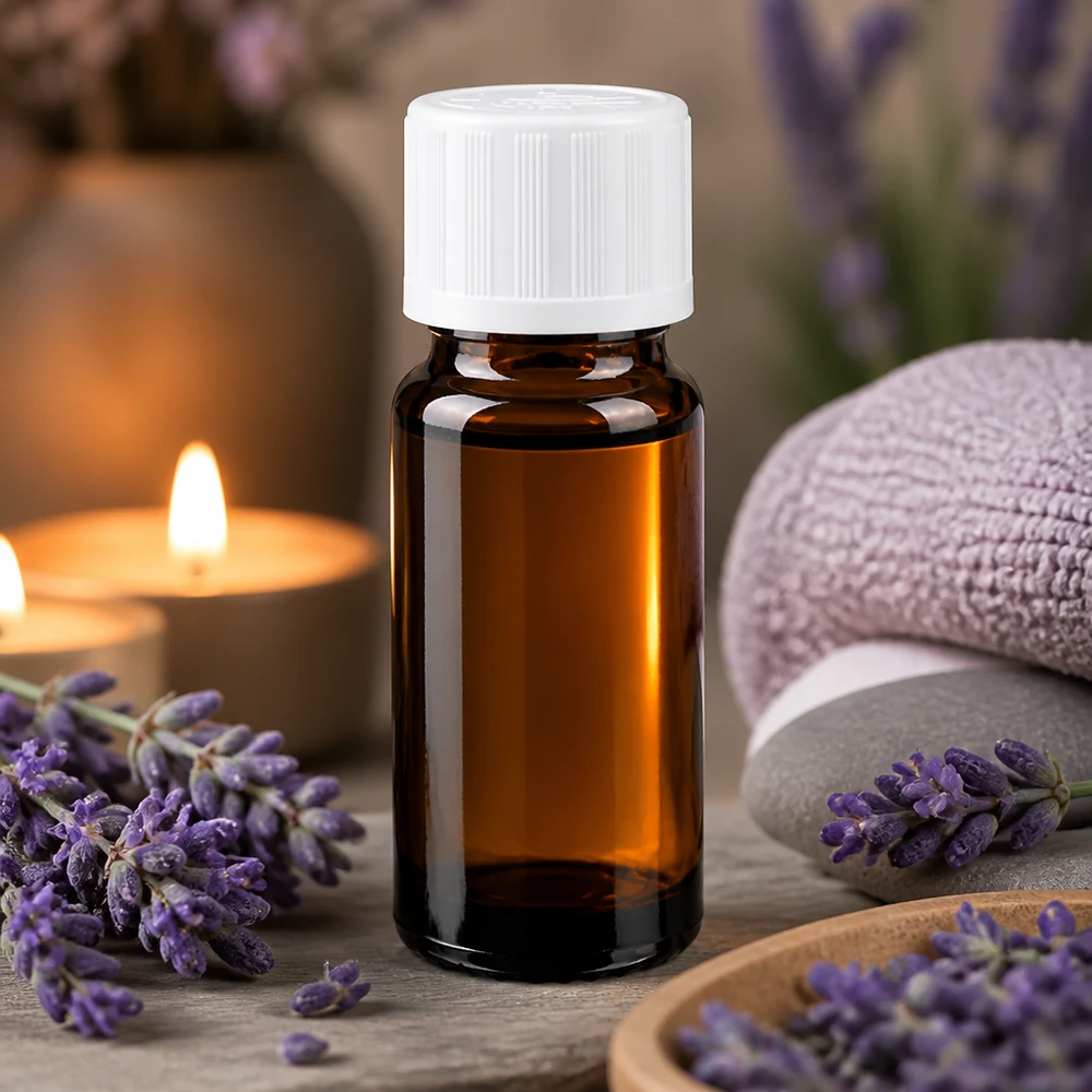 Bruine glazen fles 10ml met wit druppelsluiting kinderslot St Compacte druppelfles van bruin glas van 10 ml met witte veiligheidsdop, naast massagestenen en een kaars