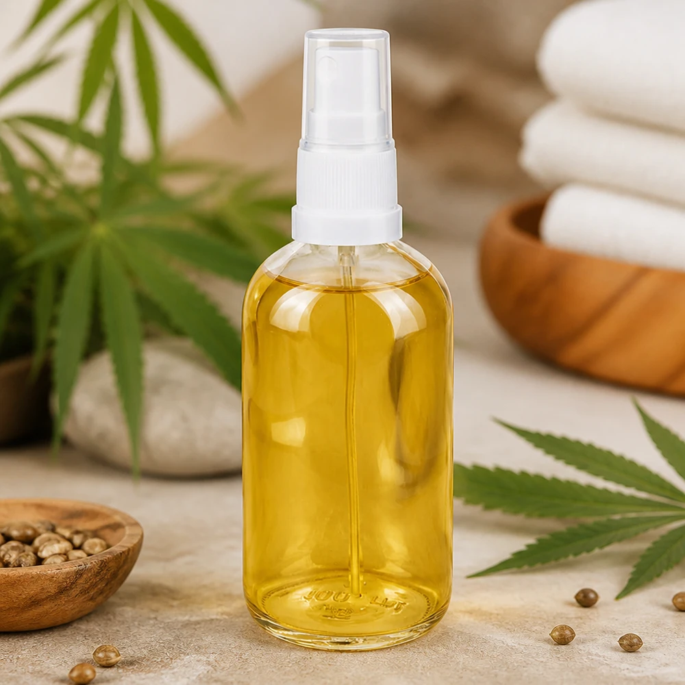 Hennepolie in een glazen fles van 100 ml met witte verstuiver ClearLine UT18 Verpakking voor natuurlijke cosmetica