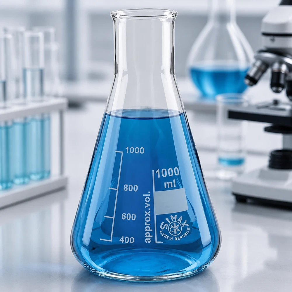 Erlenmeyer 100ml wijde hals borosilicaat met afgeronde rand Compacte erlenmeyer met een brede hals van 100 ml, ideaal voor kleine monsterhoeveelheden in het schoollaboratorium