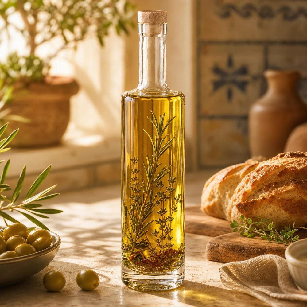 500 ml glazen fles Lina met houten handgreep UNiTWIST® 500ml Glasflasche Lina mit Holzkorken gefüllt mit Kräuteröl mediterrane Küche Oliven Brot rustikale Atmosphäre