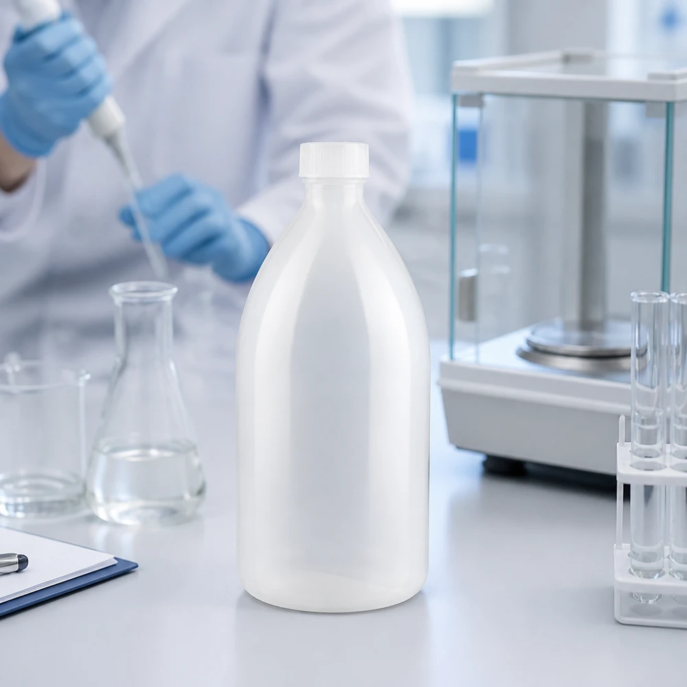Nauwe hals laboratoriumfles 1000ml met schroefsluiting 1000ml Laborflasche mit Enghals und kindersicherem Schraubverschluss neben Analysenwaage im Labor